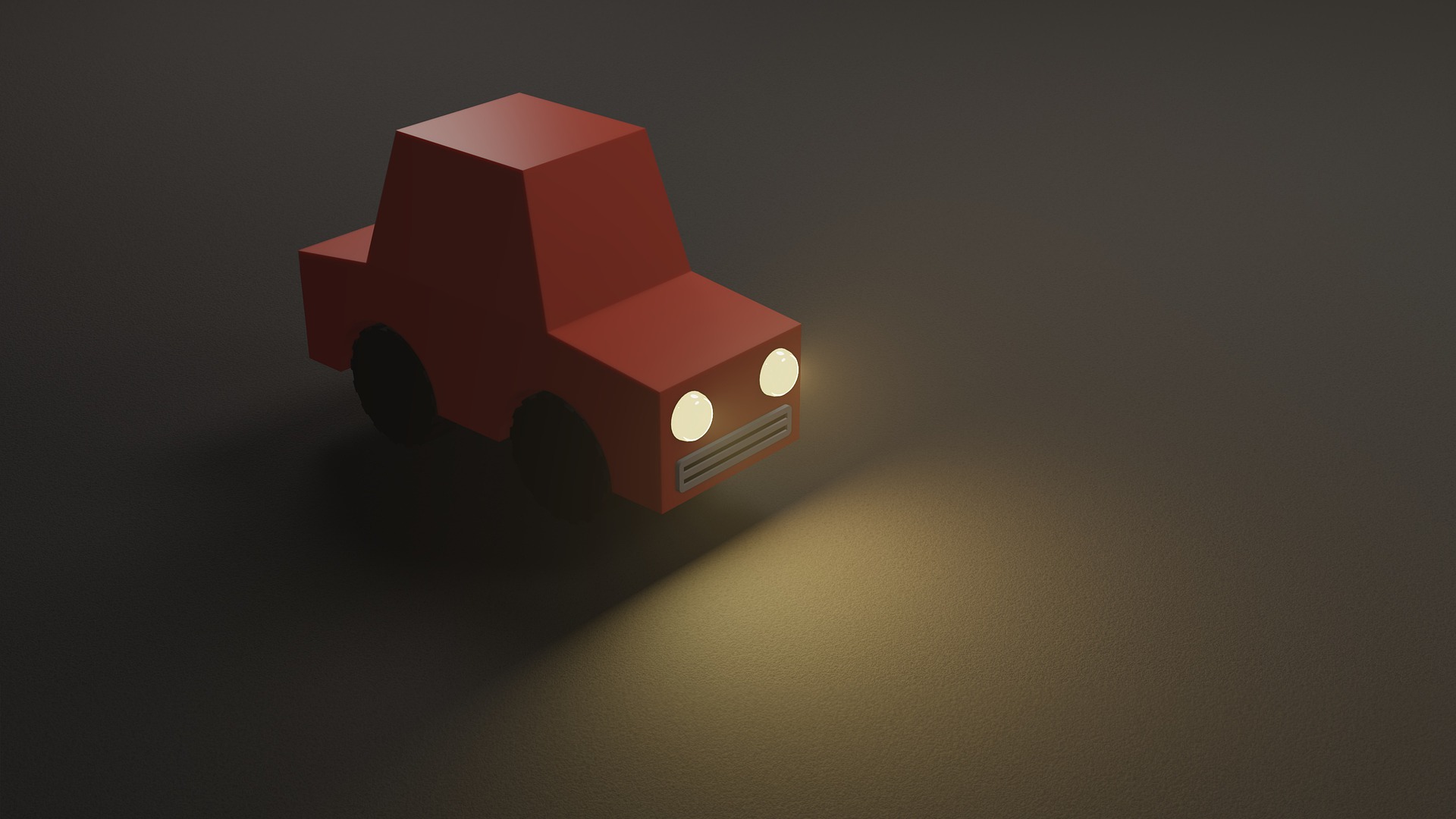 a 3d low poly car with headlights on in the night