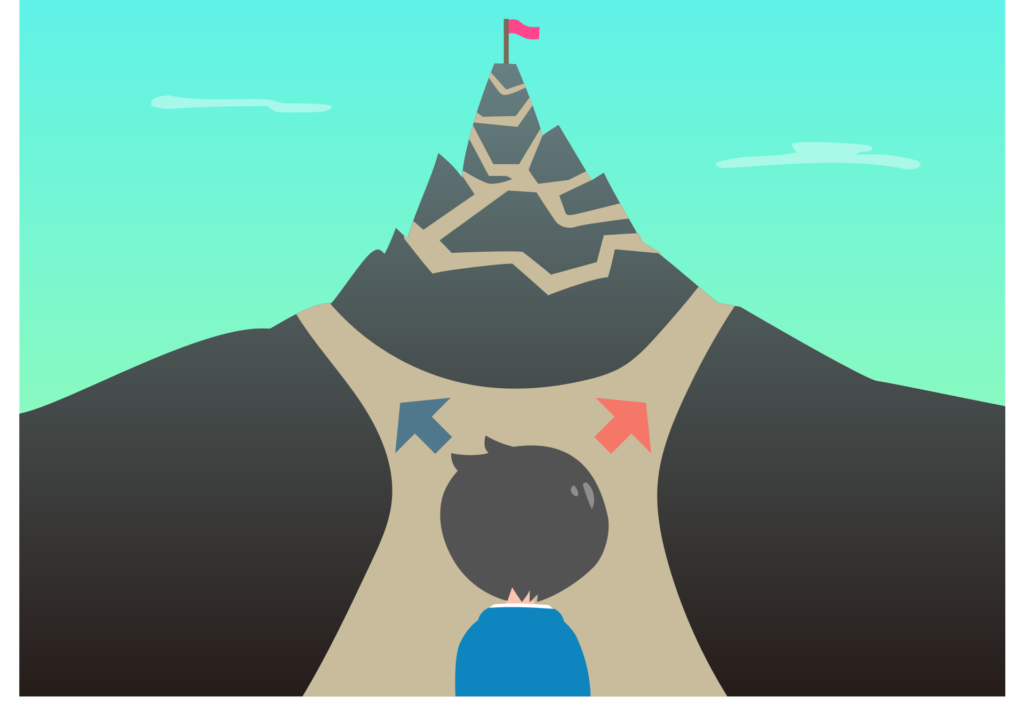 Graphic of a Person at the Bottom of a Mountain with 2 Paths