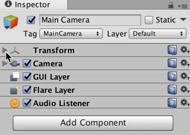 collapsing the transform property of the main camera object in the unity inspector