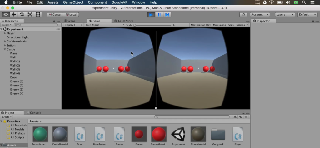 game view of four spheres in unity