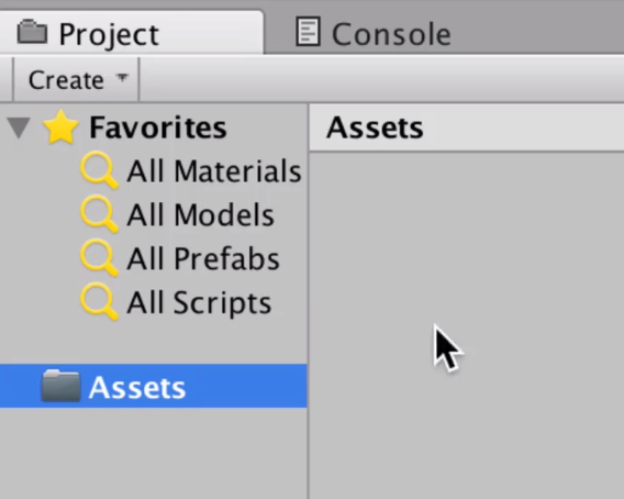 highlighting the assets folder in the project window in unity
