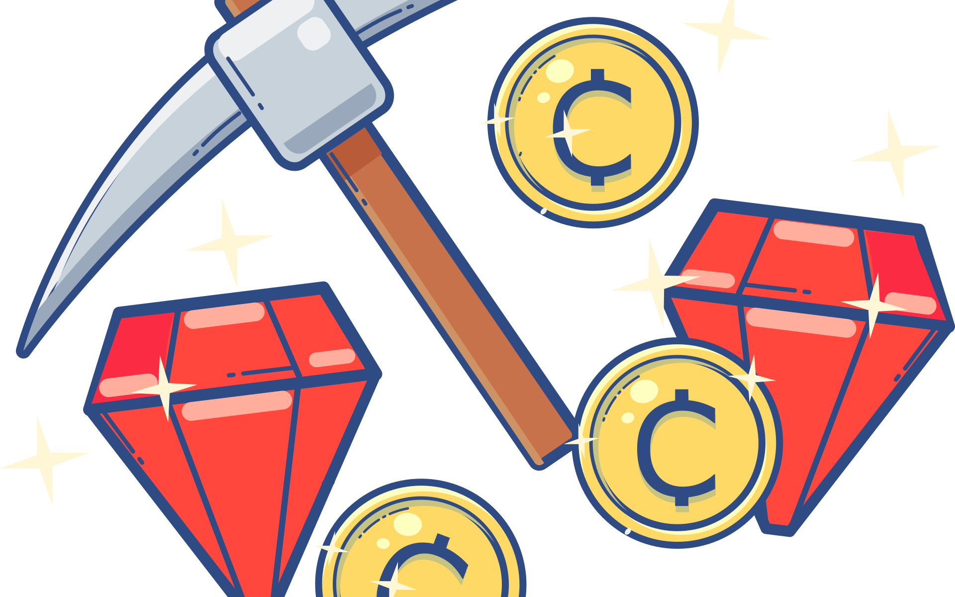 mining hammer with ruby and coins