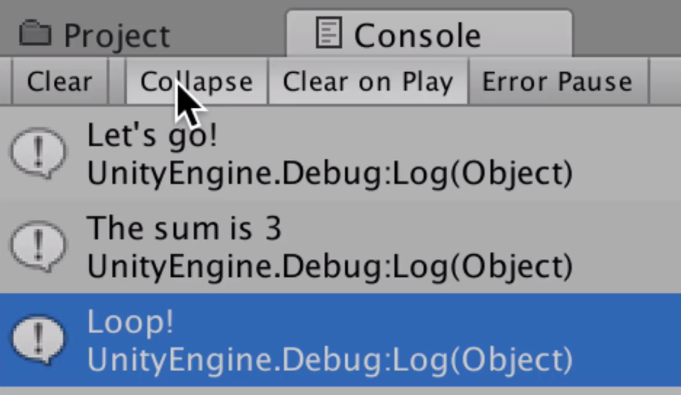 screenshot of the unity console with the collapse button
