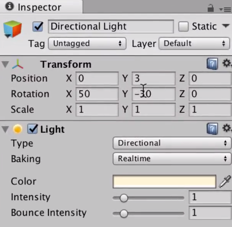the light component shown in the unity inspector