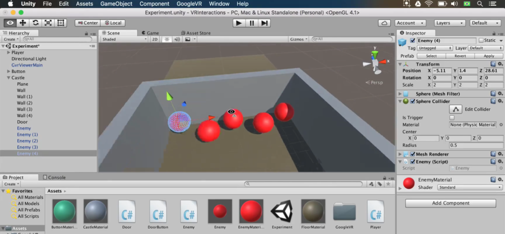 unity game with a room and five red enemies