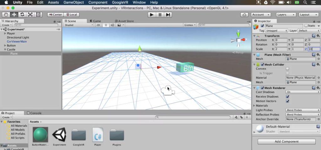 unity game with plane and button